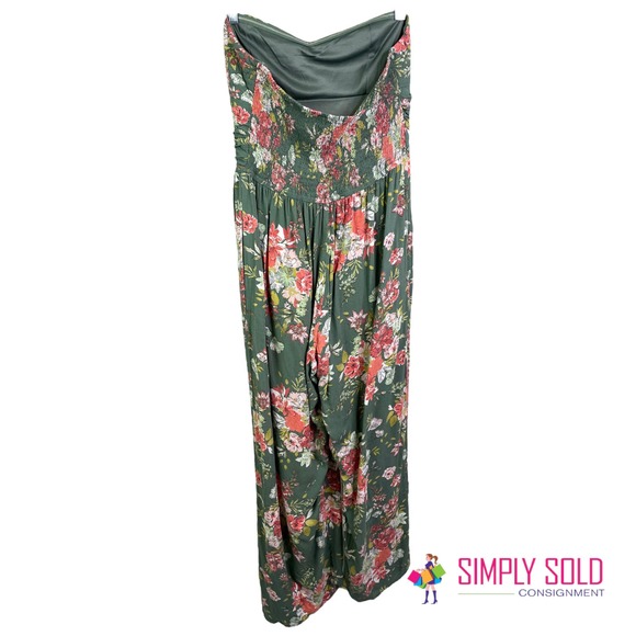 BOG Collective Women's Smocked Jumpsuit Green Floral Boho Wide Leg Cotton Size L - Picture 2 of 10